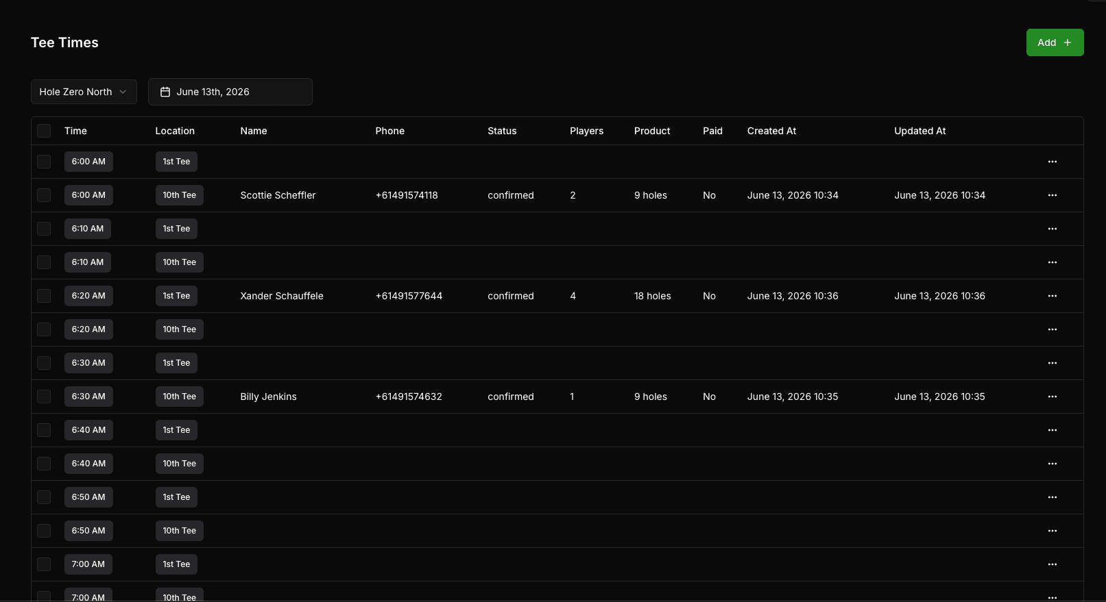 Tee sheet view
